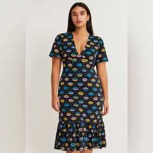 Anna Sui Black Lip Print Patterned Midi Slip‎ Dress Sz. M